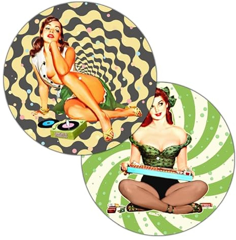 Doppelseitige 60er-Stil Pin Up Girl Slipmats für Plattenspieler | Weich Hochwertiger Filz Turntable Matte Paar | Northern Soul Mod Plattentellerauflage | Produziert in Berlin von Concrete Schoolyard