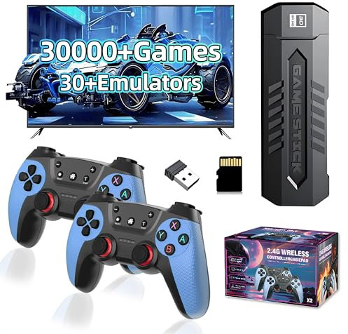 X2 Blue Manette de jeu rétro, 30 000+ jeux rétro intégrés, 30+ émulateurs,plug and play, manette de jeu vidéo avec deux contrôleurs sans fil 2,4G, TV/ordinateur, console de jeu rétro (64Go)