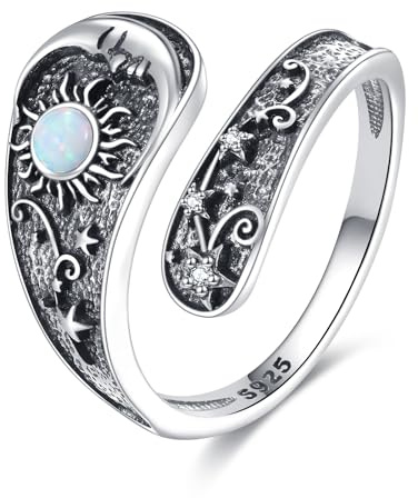 YONFQE Sun Moon Löffel Ring Sterling Silber Verstellbarer Mond Ring Opal Schmuck Geschenke für Frauen