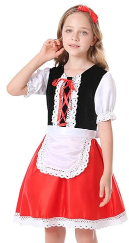 Vestito Oktoberfest per Bambina Abito da Ragazza Oktoberfest Dirndl Contadina Costume Attrice Teatrale Gonna Corta da Cameriera Vestiti Tradizionale Oktoberfests per Ragazze (Red, 7-8 Years)