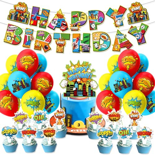 32 Stück Hero City Ballon Geburtstag Party Dekoration, Kuchen Dekoration, Banner Set, Jungen Mädchen Geburtstag Dekoration, Super City Thema, Kinderparty Dekoration