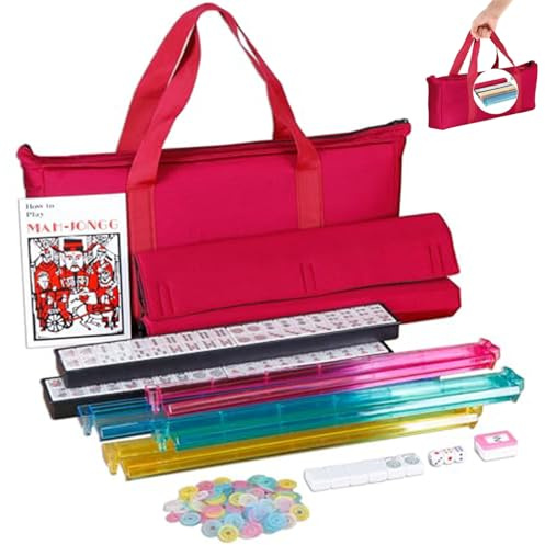 Mahjong-Spielstein-Set, amerikanisches Mahjong-Set, klassisches amerikanisches Komplettset, volle Größe mit 166 Spielsteinen, 4-teiligem 2-in-1-Ständer/Schieber, roter weicher Tasche, Chips, Windgebe
