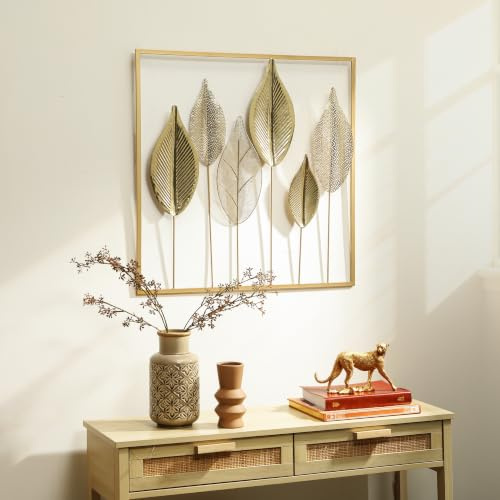 HOMCOM Wanddeko 3D Luxuriöse Metallbild Wandskulptur 70 x 70 cm Gold | Wandbild, Einzigartigem Blattdesign, Wanddekoration, Wohnzimmer-Kunst, für Schlafzimmer