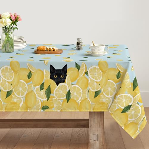 Artoid Mode Gelb Zitrone Schwarz Katze Sommer Tischdecke 140x220 cm, Saisonnal Fleckschutz Tischwäsche Küche Dekoration Party Dekor