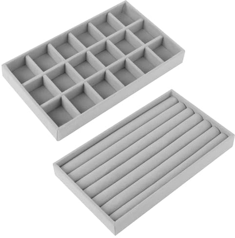 2 Stück Schmuck Tabletts Organizer, Stapelbar Schmuckkästchen Aufbewahrung Box für Ringe Ohrstecker Brosche Armband Kette Uhr Anhänger Ring Display Organizer aus Samt Schmuckschatulle Damen Mädchen