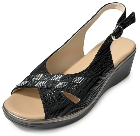 JOMIX Sandali Donna Comodi Signora Zeppa Bassa 5 cm Estate Con Strass Fibbia Regolabile Punta Aperta Peep Toe Suola Antiscivolo Sandali Eleganti Per Anziani Passeggio Cerimonia
