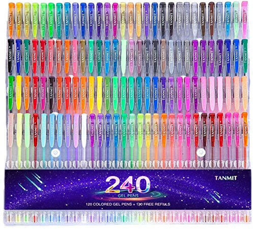 Tanmit - Juego de bolígrafos de gel, 120 bolígrafos de gel de colores más 120 recambios para libros de colorear para adultos, dibujo, proyectos de arte (sin duplicados)