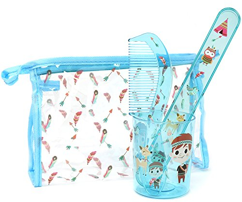 com-four® 4-teiliges Reiseset für Kinder - Zahnputzbecher, Zahnbürstenetui, Kamm und Reißverschlusstasche mit Indianer-Motiv - Hygienetasche mit Zubehör (04-teiliges Set - blau)