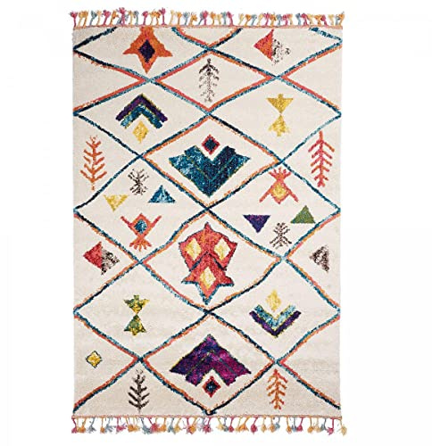 UN AMOUR DE TAPIS - tapis salon berber tribal mk 03 bleu, écru, jaune, gris, orange, noir, gris, beige, rose, vert, blanc - 160 x 230 cm - tapis berbère inspi 4580
