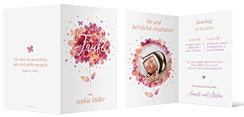 20 x Einladungskarten zur Taufe - Text und Foto einfach individuell selbst gestalten DIN A6 Klappkarten für Mädchen oder Jungen - Schmetterlingen Blume