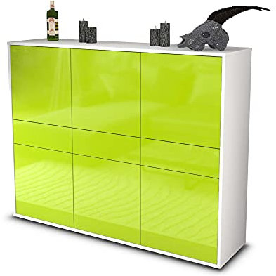 Stil.Zeit Highboard Kommode Saphira, Korpus Weiss matt, Front Hochglanz-Design Limettengrün (136x108x35cm), Push-to-Open Technik & Leichtlaufschienen