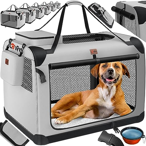 Lovpet® Transportbox Hund Katze Transporttasche XXL 91,4x63,5x63,5cm | Hunde-Tragetasche Faltbare Katzentasche | Haustier-Transportbox inkl. Hundenapf & Schultergurt | für Katzen & Hunde Hellgrau