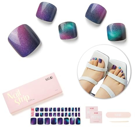NAILOG Semi Cured Gel Nail Strips, Toe Nail Polish Strips with Glossy Gel Finishing | 32 Pieces Long Lasting Pedi Nail Wrap | Blue Purple Ombre | Aurora