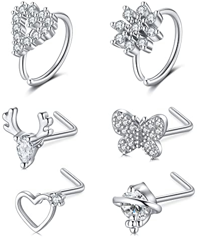 Mayhoop Nasenpiercing Nasenring Piercing Nasenstecker 20G Chirurgenstahl mit Herz Blume Schmetterling Geweih CZ Nasenpiercing Ring Stecker 6 Stück für Damen Herren Silber