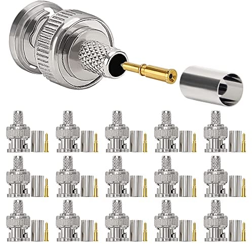 KUOQIY 15 Pezzi Connettore Maschio a Crimpare BNC per RG59 RG8 Cavo Coassiale, BNC Maschio Adattatore a Crimpa Dritta, per Telecamera CCTV, Compreso Connettore, Pin, Ghiera
