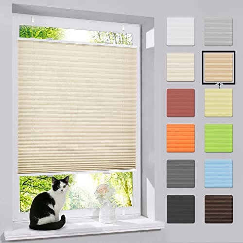 bobodeco Plissee ohne Bohren Klemmfix Faltrollo Jalousie Creme 60x90cm (BxH), Plisseerollo Sichtschutz und Sonnenschutz Blickdicht Easyfix lichtdurchlässig Rollo für Fenster & Tür