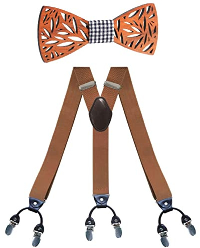 Lvguang Herren 3,5 cm breiter Hosenträger in Y-Form mit Hölz Fliege Set, elastisch und verstellbar, 6 Starken Clips