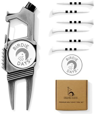 Birdie Days | Golf Ball Marker and Divot Tool Set | Antique Silver Finish | 2 Markers and 1 Divot Tool | 7-in-1 Tool with Bottle Opener | Groove Brush Cleaner | Magnetic Marker Holder