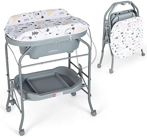 COSTWAY Table à Langer 2 en 1 avec Baignoire 20L Plateau de Rangement, Commode à Langer Pliable Couches Étanches Roue Universelle à Frein Baignoire Charge 35KG, pour Bébé 0-12 Mois (Gris)