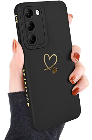 Newseego Handyhülle Kompatibel mit Samsung Galaxy S23 Plus 5G Hülle Frauen Mädchen, Gold Herz Muster Weich Flüssigsilikon Hülle Niedlich Herz Rand Kamera Schutzhülle für Samsung S23 Plus-Schwarz