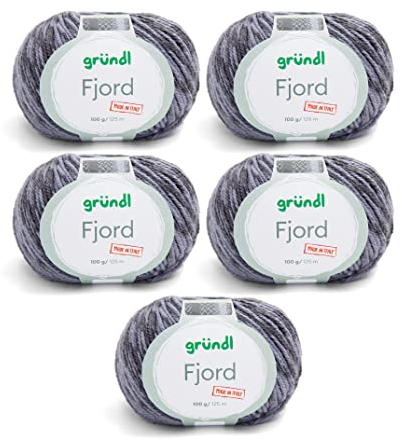 Gründl Wolle Fjord Made in Italy (52% Schurwolle Merino superwash, 48% Microfaser, 5 x 100 g/125 m, Nadelstärke: 5 mm – 6 mm), mausgrau-anthrazit