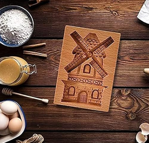 Wooden Cookie Cutter Embossing Mold, 3D Carved Wooden Cookie Mold, Biscuit Press Stamp Molds for Baking Moulds Christmas Thanksgiving Halloween Easter Kitchen DIY (Windmill)