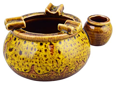 K COOL Keramik-Aschenbecher mit kleinem Löschtopf, Zigarettenaschenbecher für den Innen- und Außenbereich, Geschenk für Männer und Frauen, Desktop-Rauchaschenbecher für Heimbüro-Dekoration (Gelb)