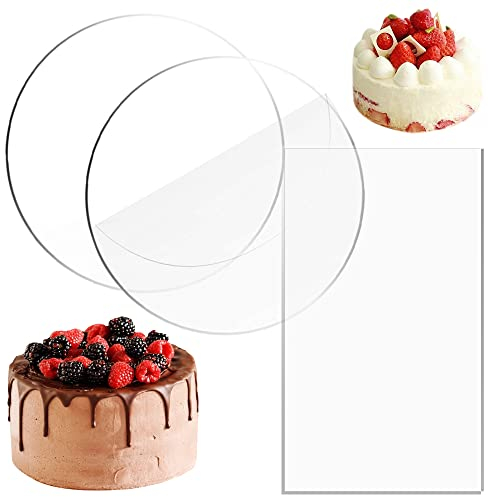 BUZIFU 2 Piezas Base para Tartas Redonda 20 cm Disco de Acrilico para Tarta Tabla para Tartas Transparente con 1 Raspador de Acrílico Rectangular Platos Redondos para Tartas para Hogar Pastelería