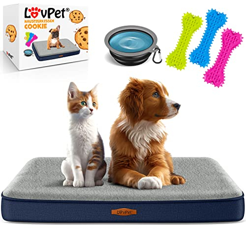 Lovpet® Hundebett orthopädisches Hundekissen Hundekorb Cookie, Inkl. Napf + 3X Kauknochen, Hundesofa für Kleine, Mittelgroße & Große Hunde, Bezug abnehmbar und waschbar, L 91x69x7,6 cm Navyblau