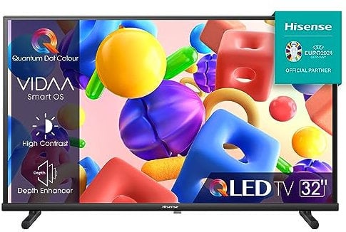 Hisense 32 QLED FULL HD 32E53KQT, Smart TV VIDAA U6 FHD, Game Mode, USB Type-C, Controlli vocali Alexa, Tuner DVB-T2/S2 HEVC 10, Double Position Stand