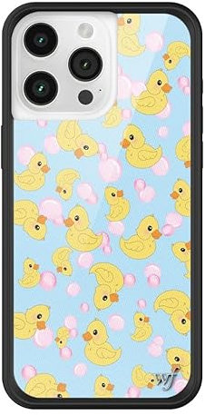 Wildflower Schutzhüllen – What The Duck, kompatibel mit Apple iPhone 15 Pro Max, Blau, Gelb, Enten, trendy, schützende schwarze Stoßstange, 1,2 m Falltest-zertifiziert, kleines Unternehmen im Besitz