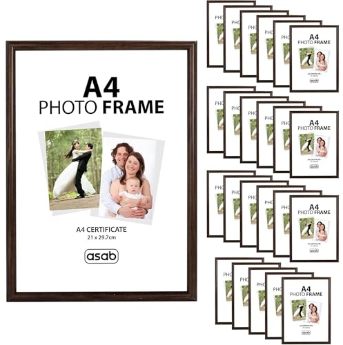 ASAB Pack of 24 A4 Frame Wall Hanging Hooks Flat Classic Design A4 Picture Frame with Quick Photo Insertion Clear Acrylic Display for Table Top A4 Picture Frame for Home and Office (Dark Brown)