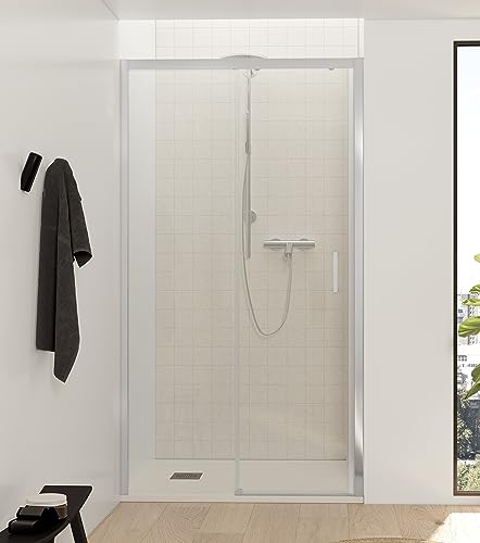 NEBADOON | Mamparas de Ducha - 1 Puerta Corredera + 1 Fijo - Mampara de Ducha Corredera - Perfilería Plata Brillo - 104 a 108 cm (Ancho Adaptable 4 cm) x 195 cm (Alto) - Posición Puerta Derecha