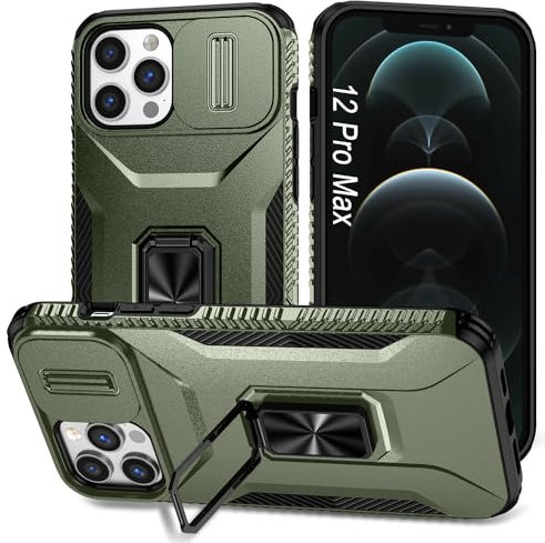 JSENMlN Coque iPhone 12 Pro Max,Antichoc Anti-Chut Antidérapant Housse avec Cache Caméra Étui pour iPhone 12 Pro Max (6.7) (Vert)