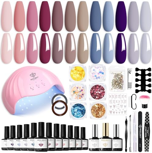 modelones UV Nagellack Set 12 Farben Rosa Nude Grau, Uv Lampe für Gelnägel 48W-Gel Nagellack -Base Top Coat Gelnägel Set Maniküre Set Nagelstudio Set