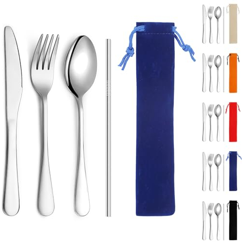 Kyraton Juego de cubiertos portátiles, incluye cuchillo, tenedor, cuchara y pajita, para uso en exteriores, picnics y viajes, aptos para lavavajillas, Juego de 4 cubiertos