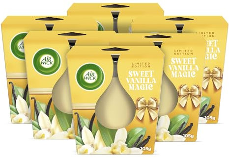 Air Wick Vela aromática en tarro de cristal, aroma dulce de vainilla mágica, hasta 20 horas de combustión, contiene aceites esenciales naturales, 6 x 105 g