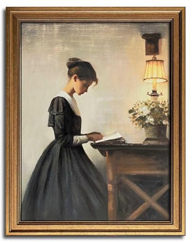 Toile murale encadrée dorée - Peinture à l'huile classique - Impression sur toile vintage pour salon, chambre à coucher (jeune fille, 30,5 x 40,6 cm)