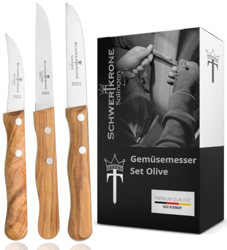 SCHWERTKRONE® Schälmesser 3er Set Premium [MADE IN SOLINGEN - GERMANY] - Gemüsemesser Obstmesser - Küchenmesser klein scharf - Schneidemesser Kartoffelschälmesser - Allzweckmesser (3xOliven-Holzgriff)