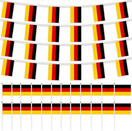 Deutschland Fahnenkette,Deutsche Mini Handgehaltene Flaggen,1 Stück 8m-14x21cm Deutschland Flagge Wimpelkette+24 Stück 14x21cm Handgehaltene Flaggen,für Hausgarten Party Bar Dekoration