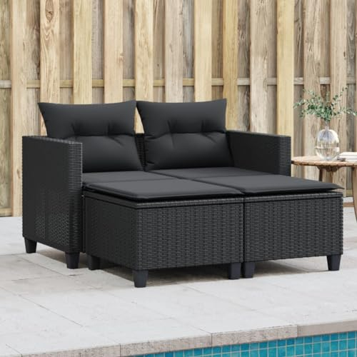 Generisch Gartensofa 2 Sitzer mit Hocker, Rattansofa, 2 Sitzer Balkonmöbel, Kleiner Balkon, Sofa, Gartenbank, Rattan 2 Sitzer Rattanbank, 2 Sitzer Rattan Gartenmöbel Set, Schwarz,