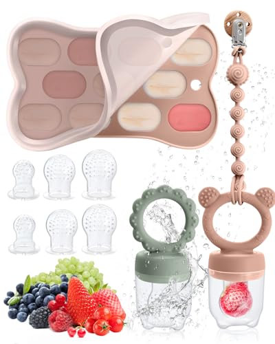 Mittimiya Fruchtsauger Baby ab 3 4 5 6+ Monate, 2 Stück Baby Obst Nahrung Futterautomat & MBabynahrungs-Aufbewahrungsbehälter & Schnullerkette & 6 Silikon Sauger in 3 Größen, Obst Schnuller Baby