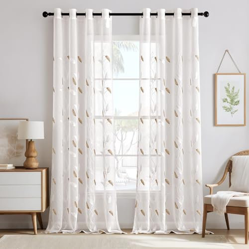 MIULEE Voile Vorhänge mit Ösen für das Wohnzimmer Elegante Transparente Gardinen mit Schönem Blättermuster und Stickerei 2er Set Perfekt für Moderne Schlafzimmer Größe H 245 x B 140 cm, Beige