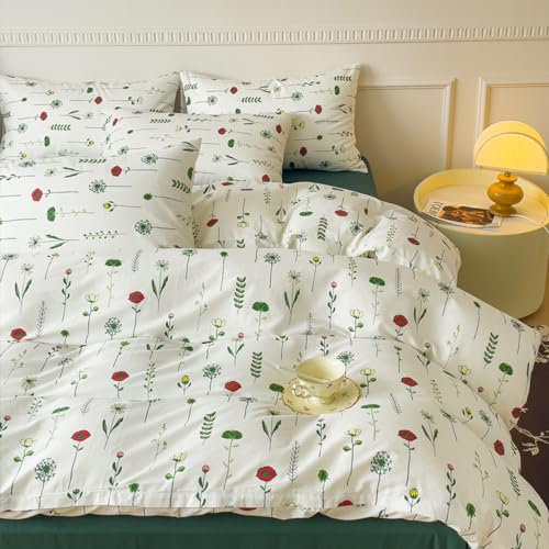 Covebett Cotton Double Duvet Cover White Green Floral Leaves Botanical Bedding Set 3 pcs, 1 Aesthetic Flower Leaf Pattern Quilt Cover 200x200 cm Zipper Closure and 2 Pillowcases 50x75