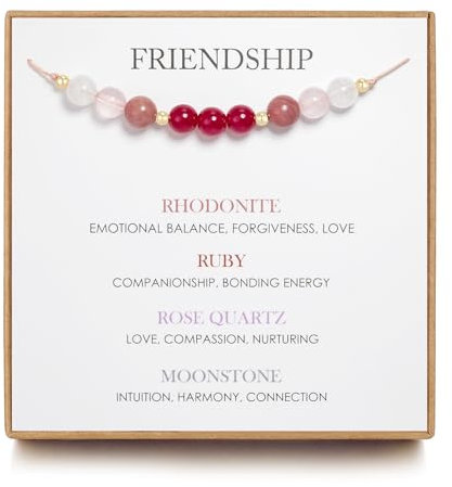 JOSYANDLOVE Bracelet d'amitié, cadeau d'amitié pour femme, bracelet réglable en soie avec rubis, quartz rose, rhodonite, pierre de lune, idée cadeau faite à la main pour amie, sœur, cadeau