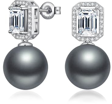 JiaYang Boucles d'oreilles en perles noires de 12 mm pour femmes Boucles d'oreilles en Argent Sterling Clou de Halo Boucles d'oreilles pendantes en diamant taillé en Emeraude