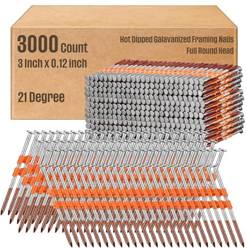 MorningRo 3000 Counts Hot Dipped Galavanized Framing Nails, 3 x 0.12 Inch, 21 Degree Round Head, Ring Shank for Use in All Pressure Treated Lumber