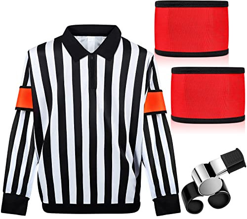 Hicarer Eishockey-Schiedsrichter-Shirt, langärmelig, gestreift, offizielles Schiedsrichter-Kostüm, orange-rot, Armreif, Fingergriffpfeife (M)