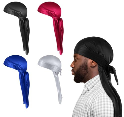 Nogeqi 4 Stück Durag Herren zum Schlafen, Piratentuch Durag Silk Bonnet Men, Piraten Tuch Durek Kopftuch Herren, Seide Duraq Kopftuch Pirat Damen mit Langem Breathable für Frauen Hip Hop Dekoration