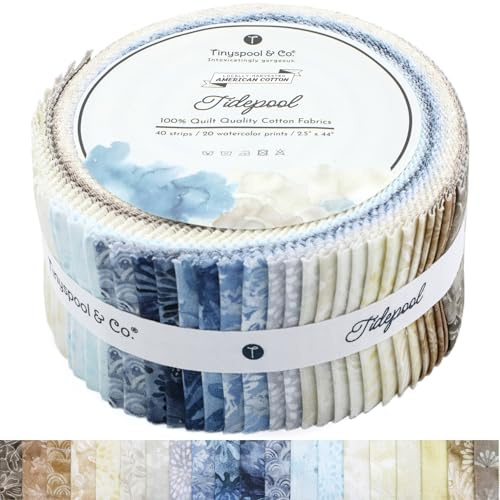 Tinyspool & Co. Jelly Roll Stoffstreifen zum Quilten, Basteln und Nähen, 40 Streifen, sortiert, weiche Baumwolle für Decke, Teppich, Polster, Heimdekoration und Geldbörsenherstellung, Tidepool
